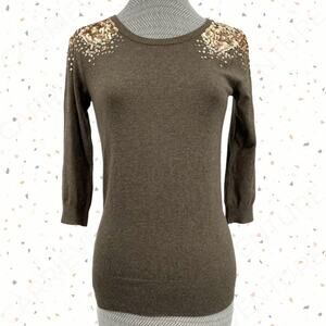 Gold Sequin Petite Fall Sweater Olive Green Brown INC International Concepts MP